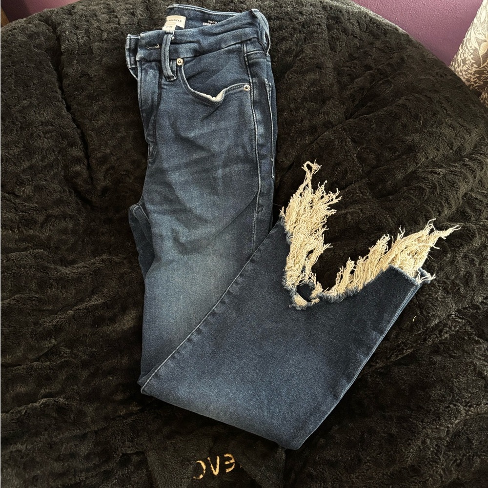 Good American Dark Blue Distressed Ankle Jeans